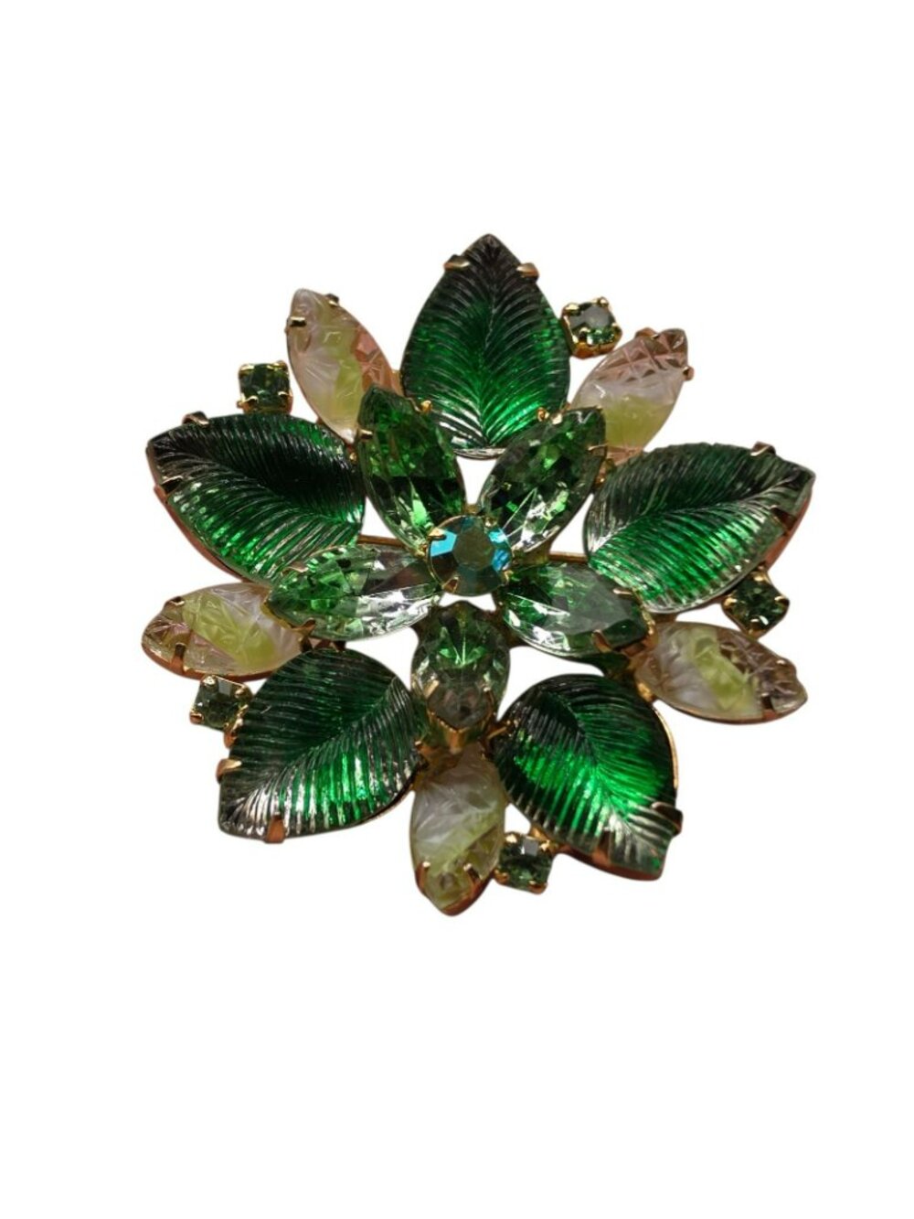 Molded Glass Flower Brooch Green Stones Gold-Tone Base 2" Diameter Vintage - Picture 2 of 6